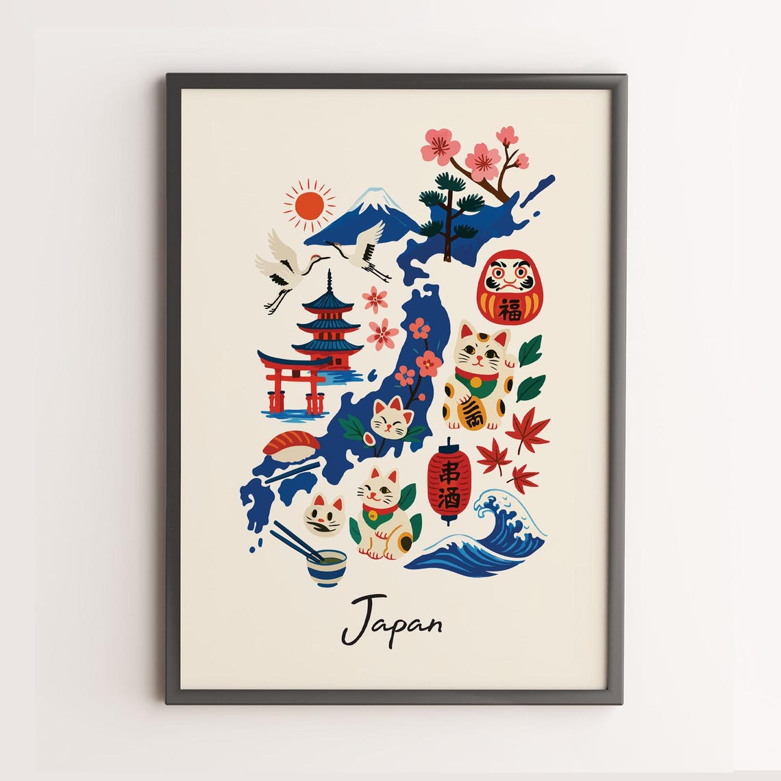 Japan Illustrated Map Travel Poster with Mount Fuji and Torii