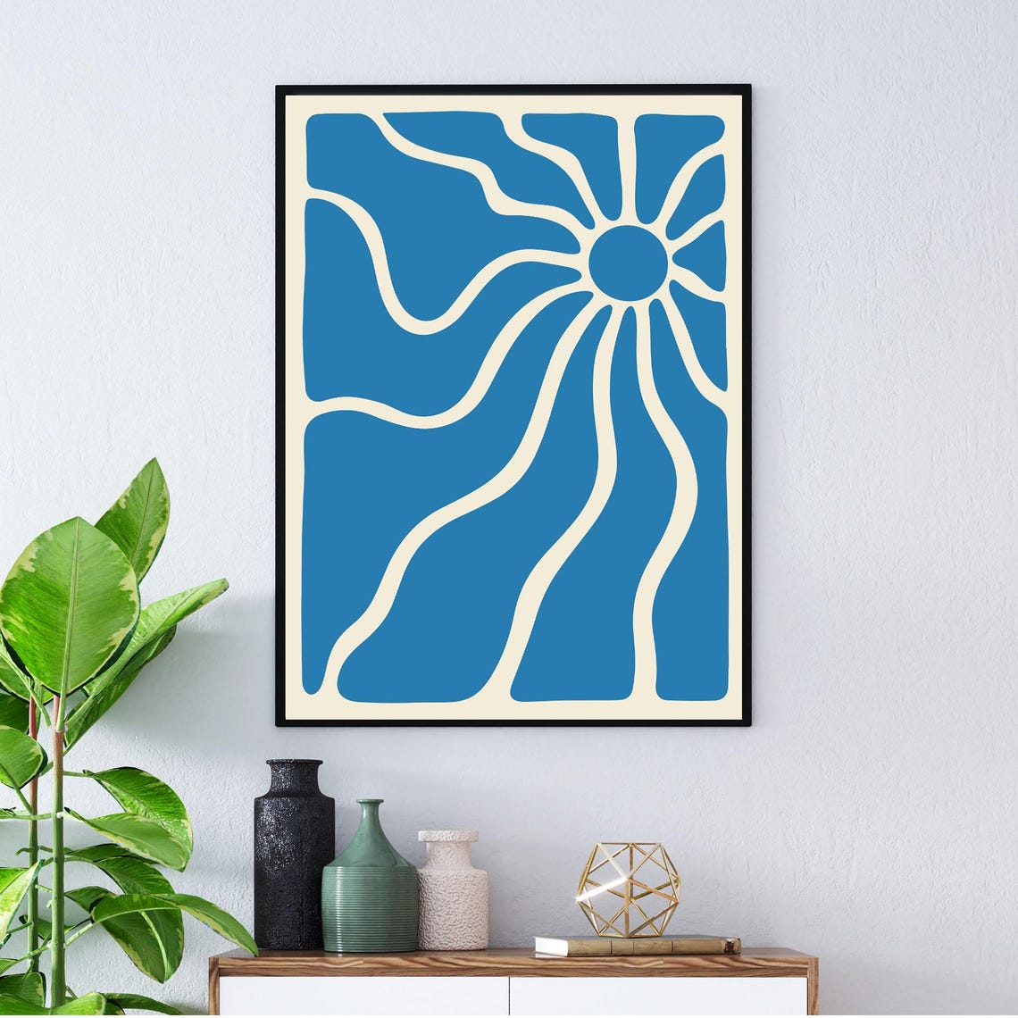 Abstract Sun Over Ocean Waves Minimalist Blue Cream Wall Art
