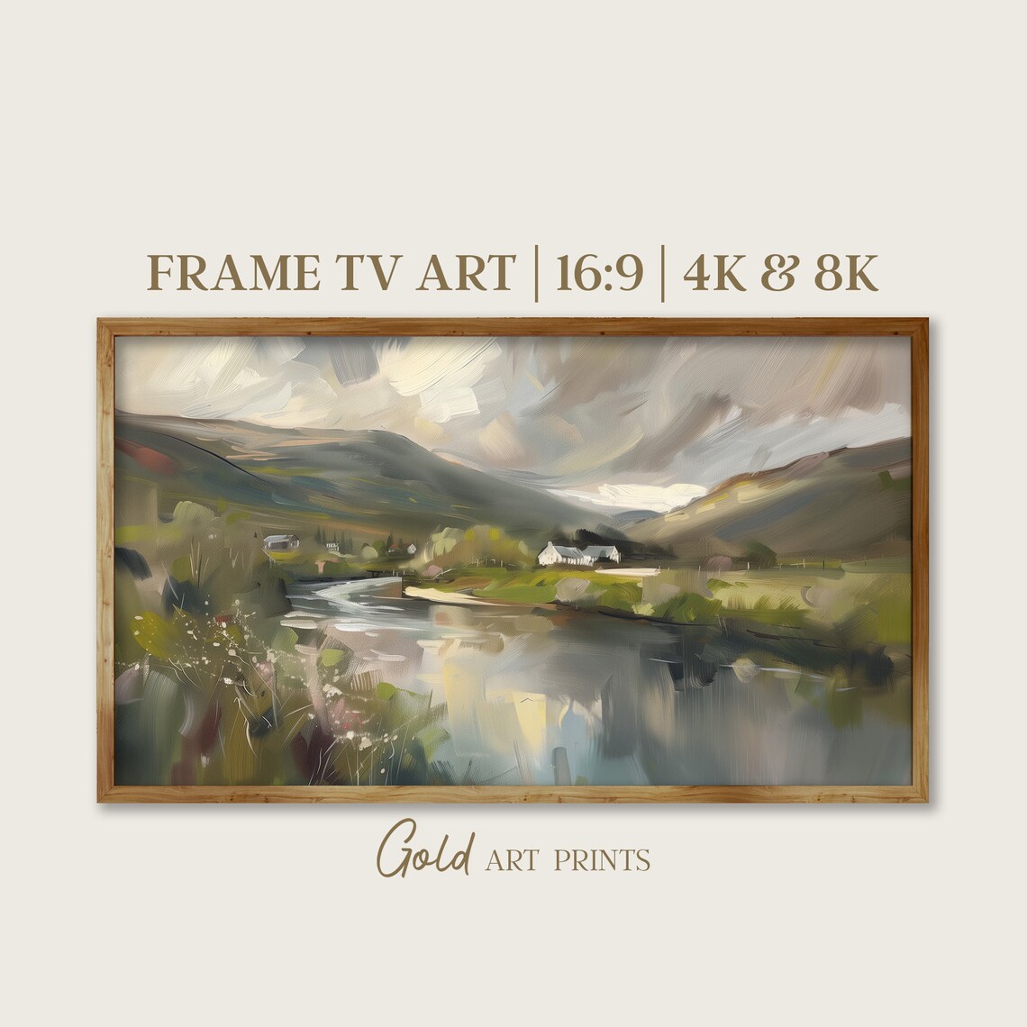 Peaceful River Valley White Cottages Green Hills Oil Painting Poster