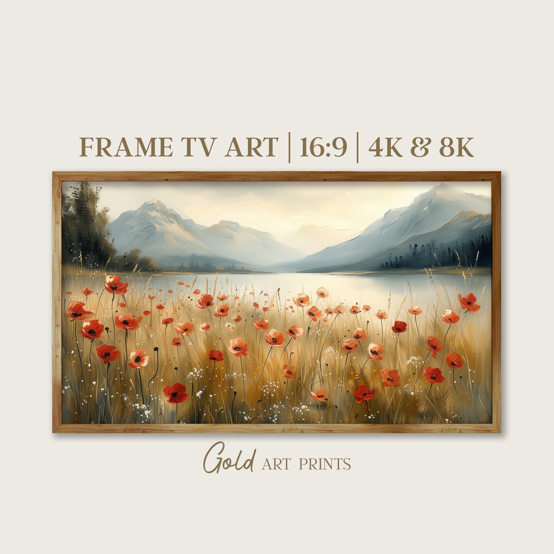 Red Poppies By Calm Lake Blue Mountain Meadow Vintage Landscape Poster