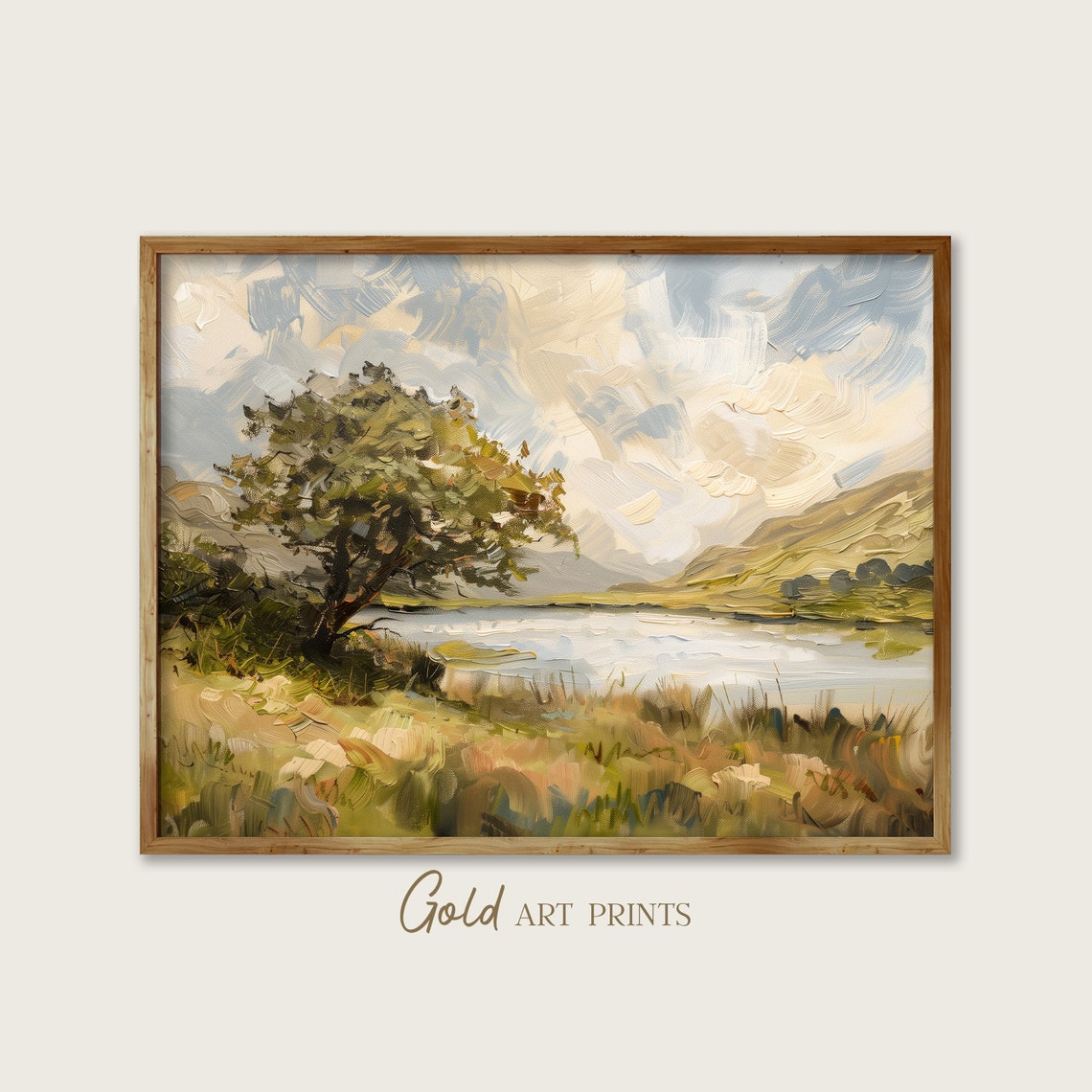 Lone Tree Lakeside Soft Cloudy Sky Impressionist Oil Painting Poster