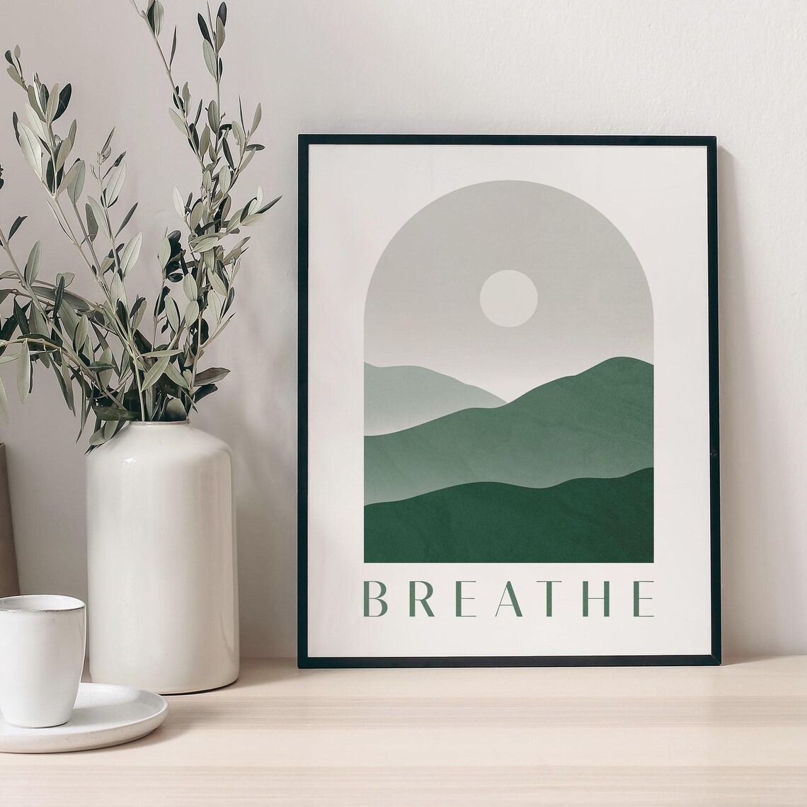 Breathe Inspirational Quote, Green Bathroom Decor Art Print