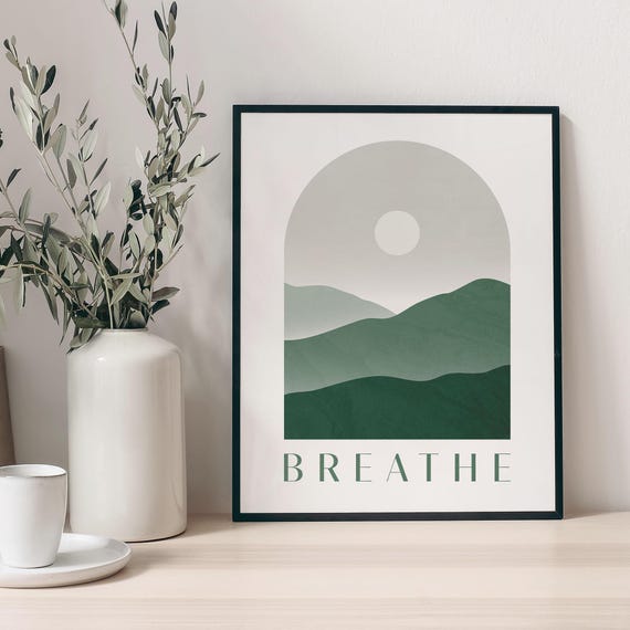 Breathe Inspirational Quote, Green Bathroom Decor Art Print