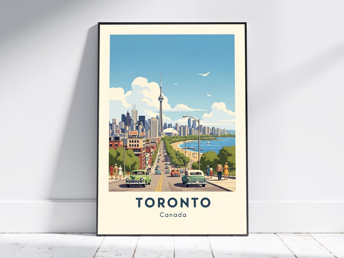 Toronto Canada Retro Skyline CN Tower Lakefront Street Vintage Poster