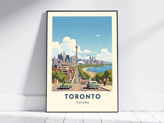 Toronto Cityscape Art Print Blue Green Retro Skyline Vintage Travel Poster Living Room And Office Decor
