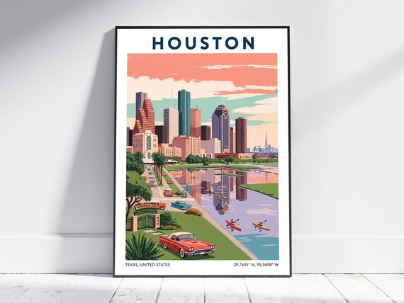 Houston Texas Skyline With Bayou Kayakers Vintage Travel Poster
