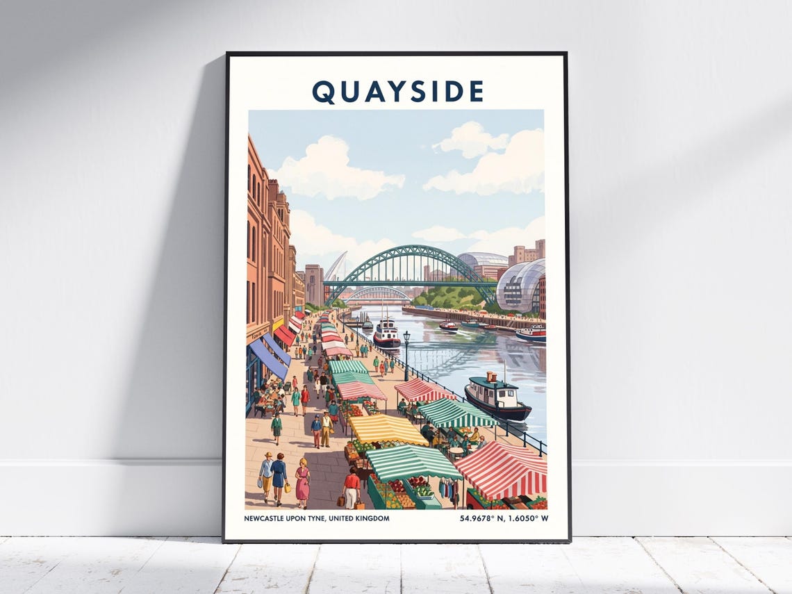 Newcastle Quayside Tyne Bridge Market Scene Vintage Travel Poster