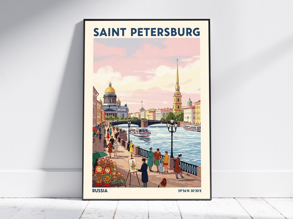 Saint Petersburg Russia River Embankment Vintage Travel Poster