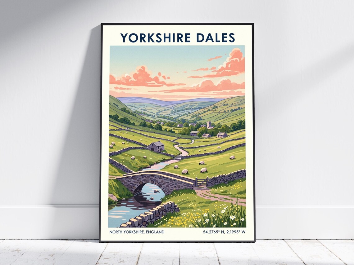 Yorkshire Dales Sheep Pastures Stone Bridge Travel Art Poster