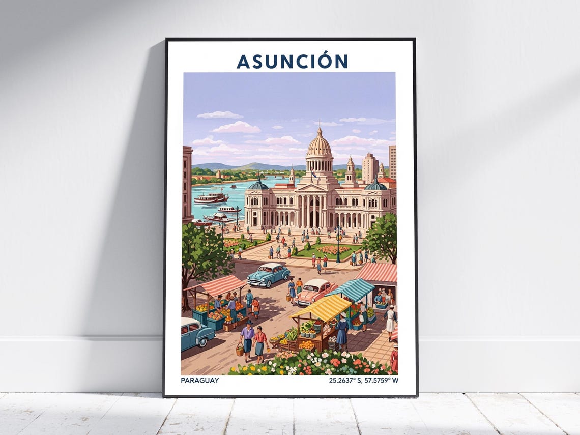 Asuncion Paraguay Vintage Plaza Palace Riverfront Travel Poster