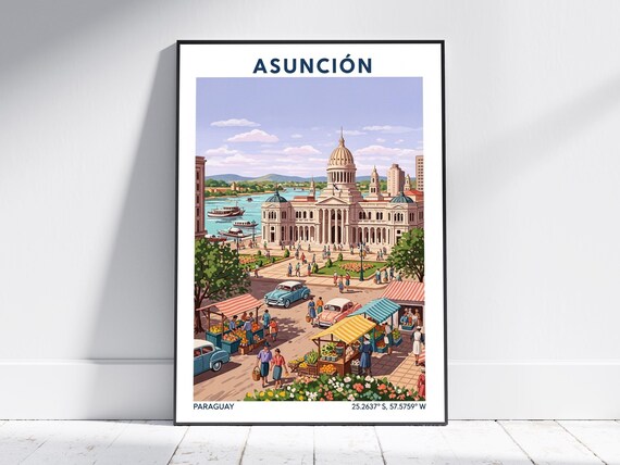 Asuncion Paraguay Vintage Plaza Palace Riverfront Travel Poster