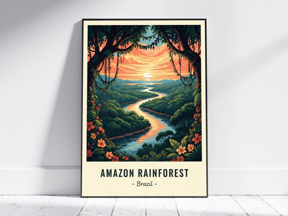 Amazon Rainforest Brazil Sunset River Retro Travel Jungle Poster