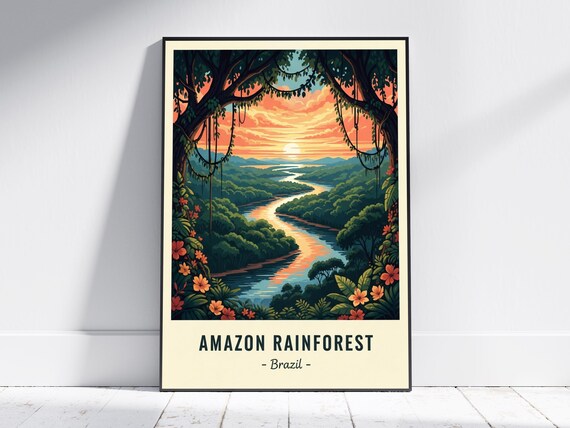 Amazon Rainforest Brazil Sunset River Retro Travel Jungle Poster
