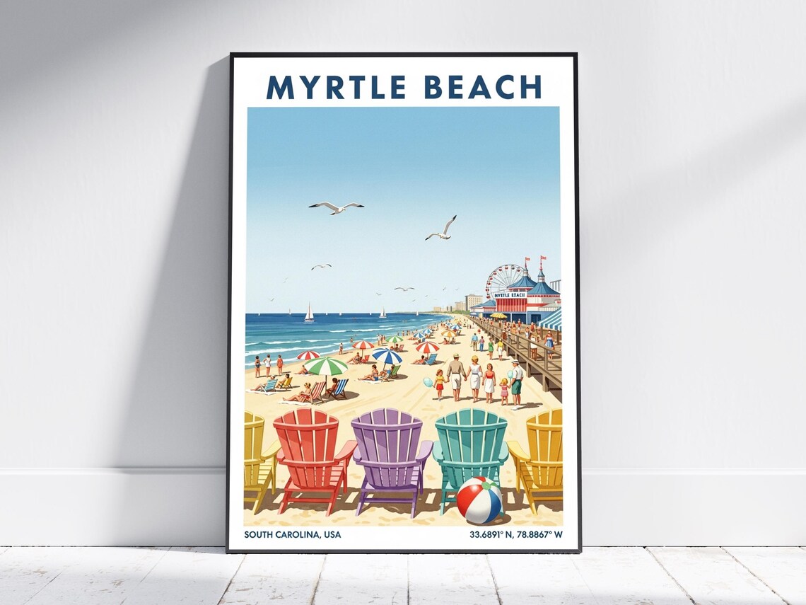 Myrtle Beach Boardwalk Colorful Chairs Summer Day Travel Poster