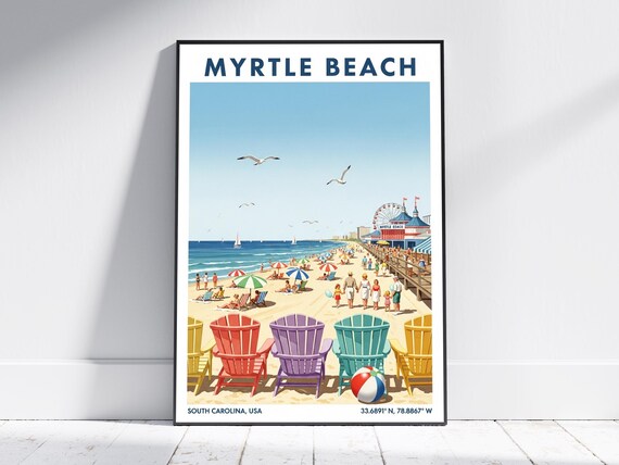 Myrtle Beach Boardwalk Colorful Chairs Summer Day Travel Poster