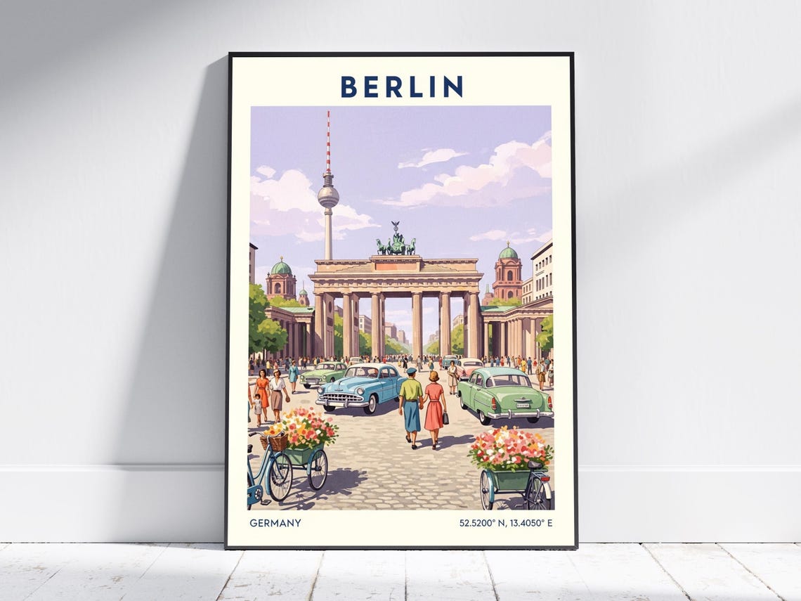 Berlin Germany Brandenburg Gate TV Tower Flower Carts Travel Poster
