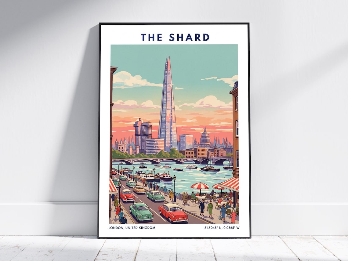 The Shard London Thames Skyline Sunset Vintage Travel Poster