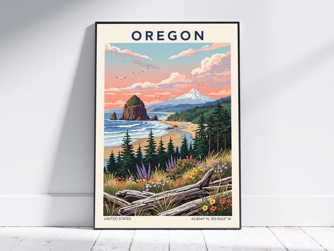 Oregon Coast Sea Stack Pines Wildflower Sunset Travel Poster