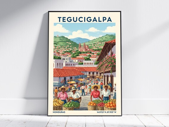 Tegucigalpa Honduras Fruit Market Cathedral Vintage Travel Poster