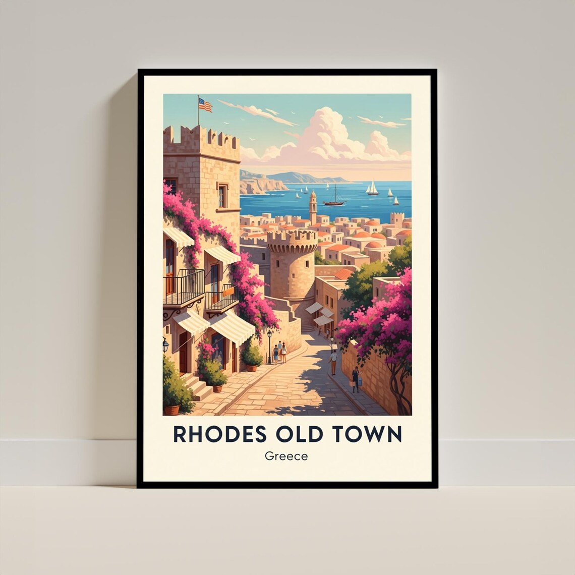 Rhodes Old Town Greece Medieval Street Harbor Vintage Travel Poster
