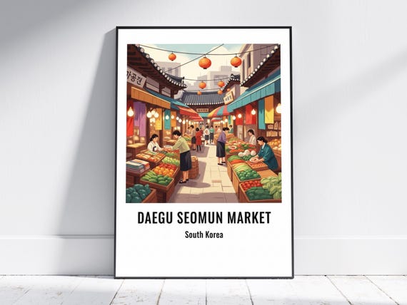 Daegu Seomun Market Art Print Vintage Travel Poster Orange And Teal Korean Urban Illustration Living Room Wall Decor