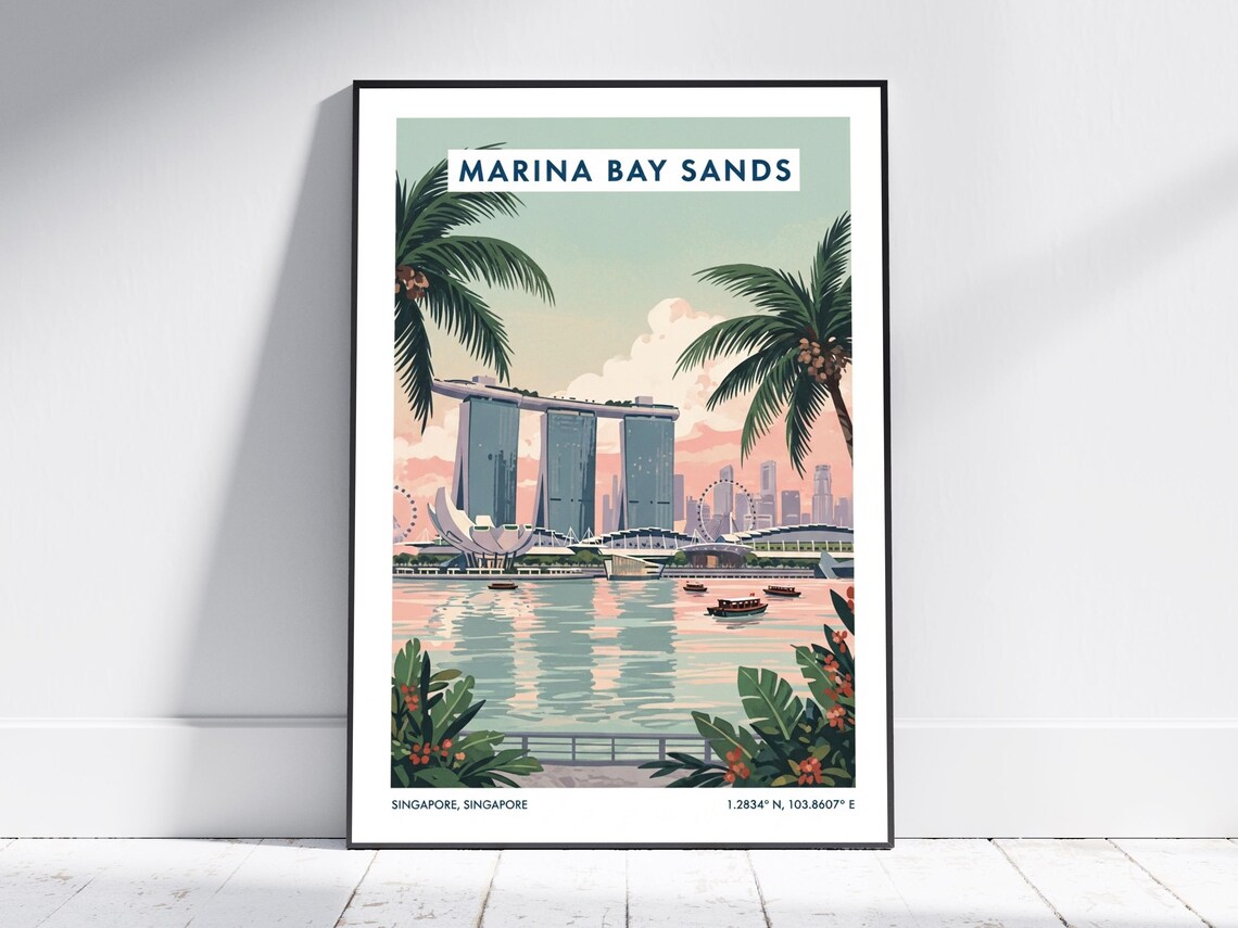 Marina Bay Sands Singapore Vintage Travel Poster Skyline Palm Art