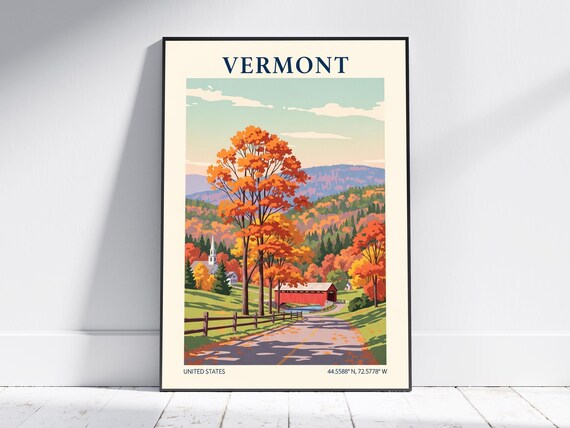 Vermont Fall Foliage Covered Bridge Church Autumn Vintage Travel Poster