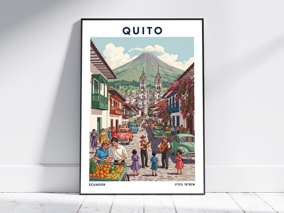 Quito Ecuador Vintage Old Town Cathedral Volcano Travel Poster