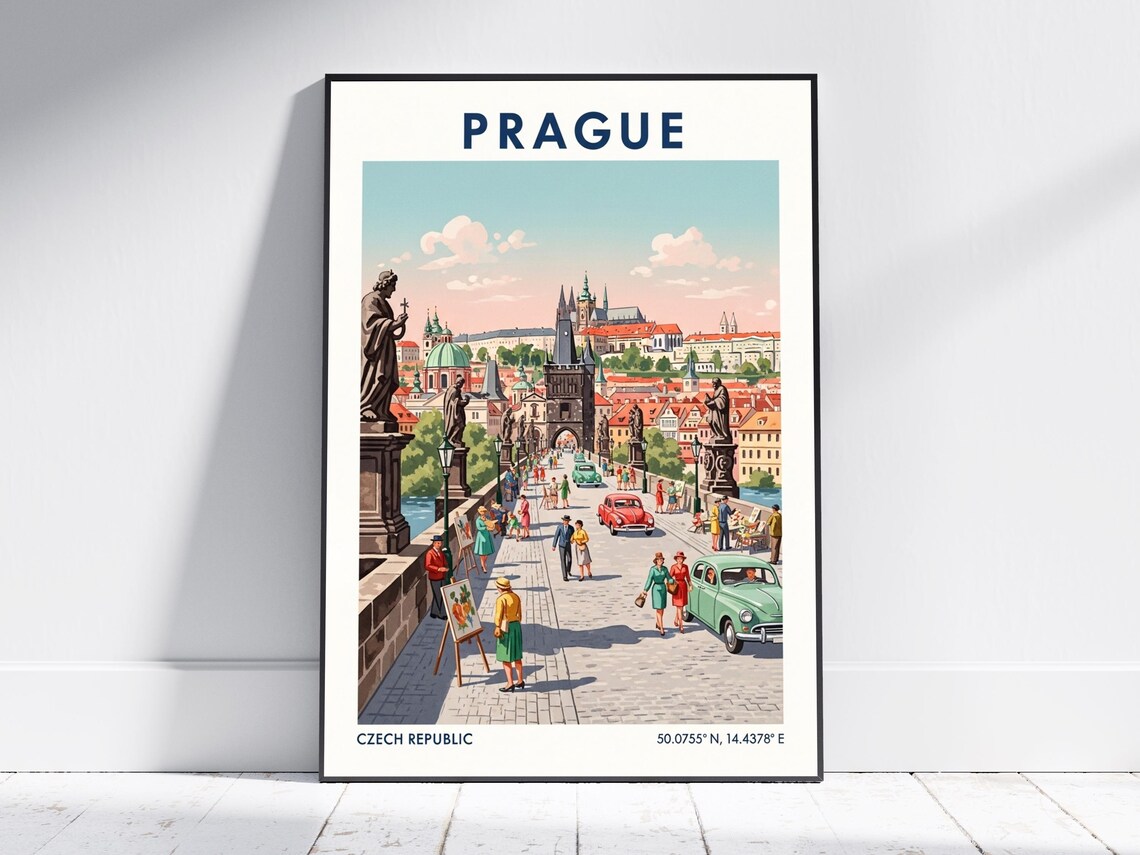 Prague Charles Bridge Vintage Czech Republic Travel Art Poster