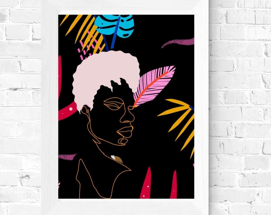 Gold Line Art Woman Black Tropical Leaves Moody Jungle Art Poster