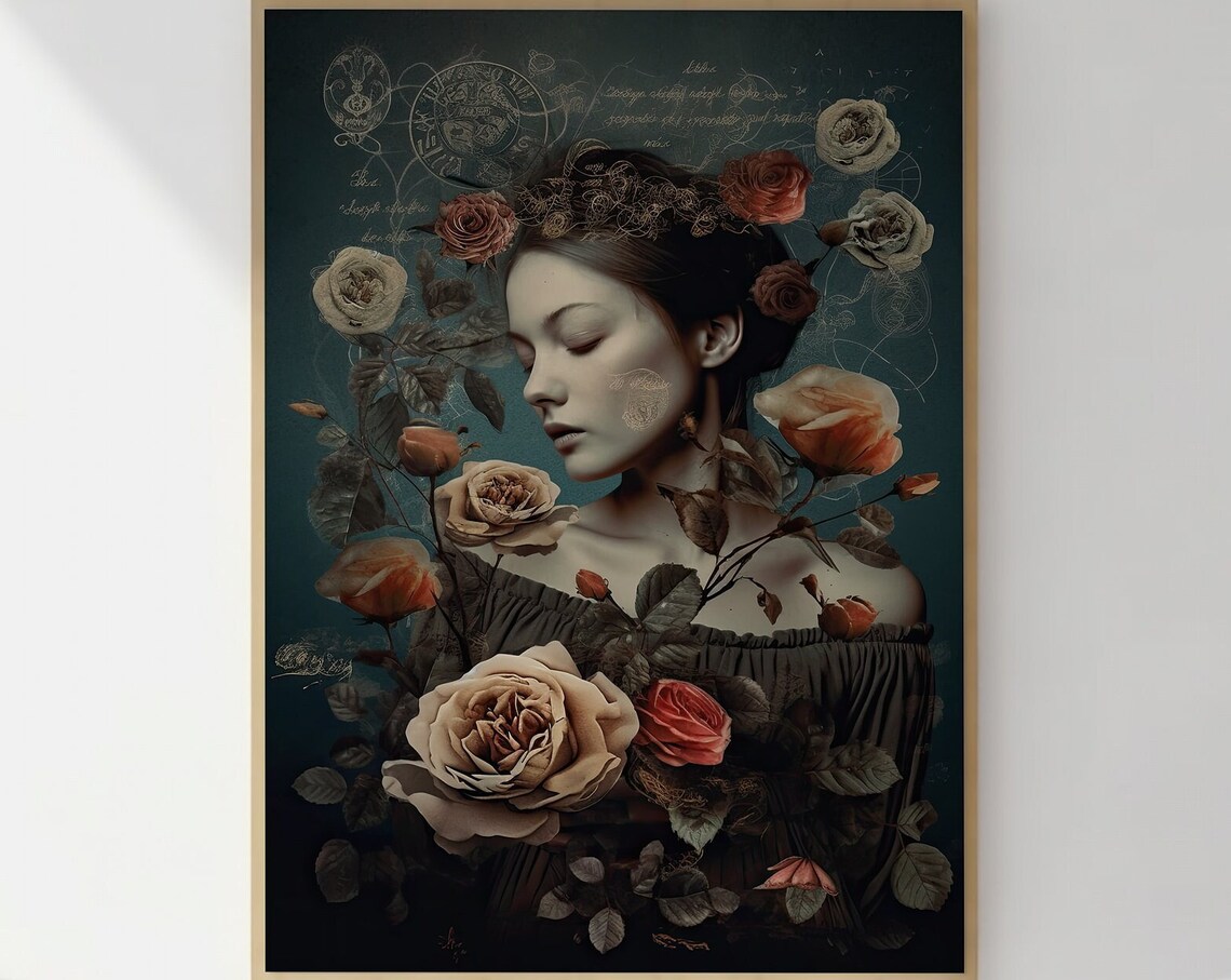 Woman Surrounded by Roses Dark Botanical Portrait Moody Wall Art