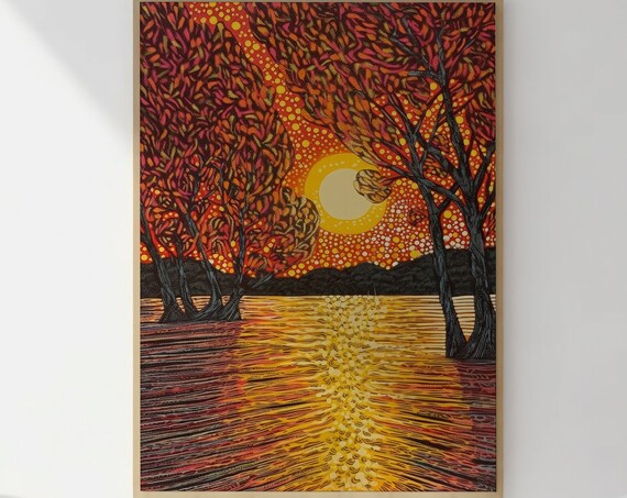 Fiery Orange Sunset Poster over Water with Autumn Trees in Dot Painting