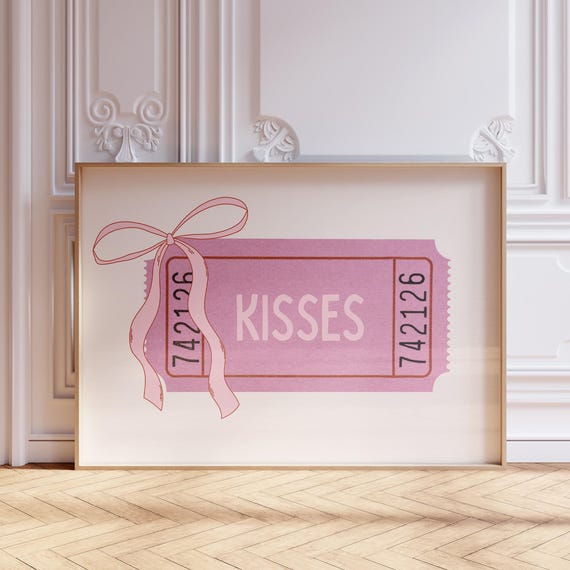 Pink Kisses Ticket Wall Art Typography Poster Cute Dorm Decor Preppy Girly Horizontal