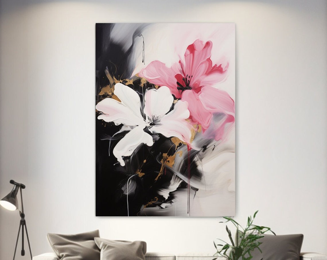 Pink And White Flowers On Black With Gold Drips Floral Art Poster