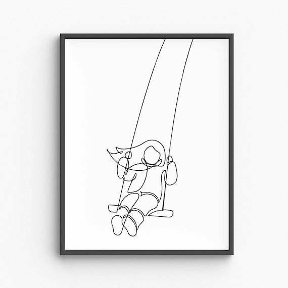 Child On Swing Line Art Playful Kid One Line Drawing Scene Poster