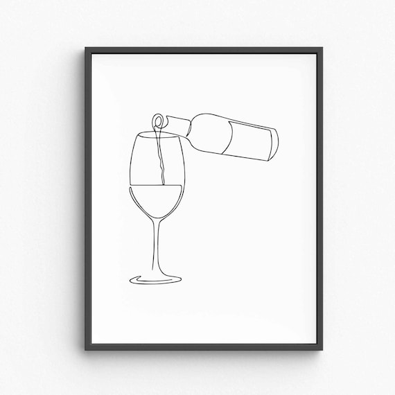 Wine Bottle Pouring Glass Continuous Line Drawing Kitchen Bar Wall Decor Poster