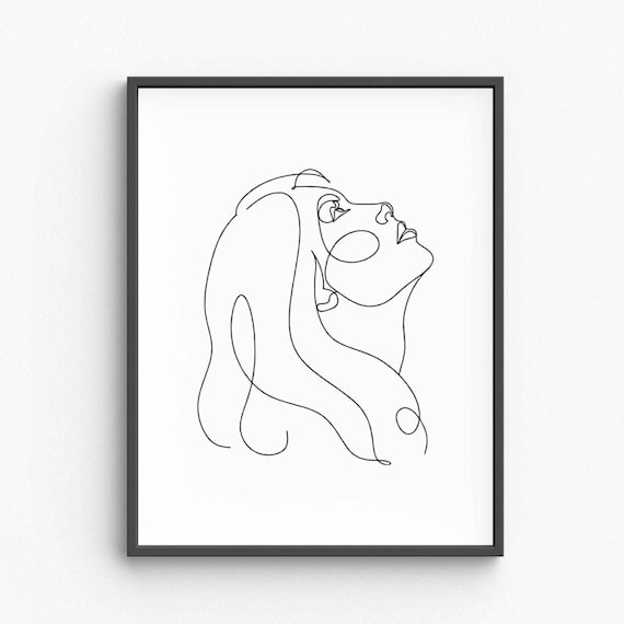 Woman Face Flowing Hair Minimalist Line Art Elegant Drawing Poster