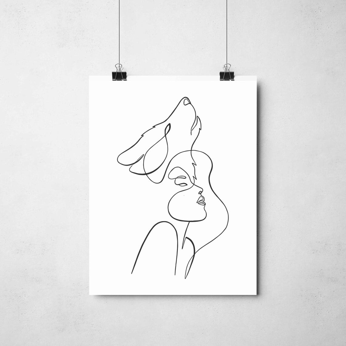 Minimalist Woman And Wolf Line Art Howling Silhouette Print Feminine Wild Spirit Poster Black White Drawing - Image 2