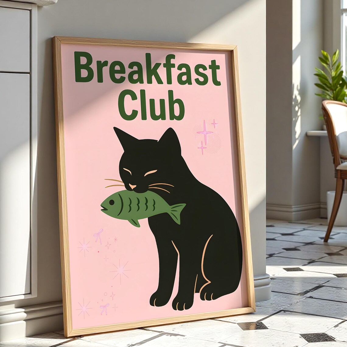 Breakfast Club Funny Black Cat With Fish Quirky Kitchen Poster