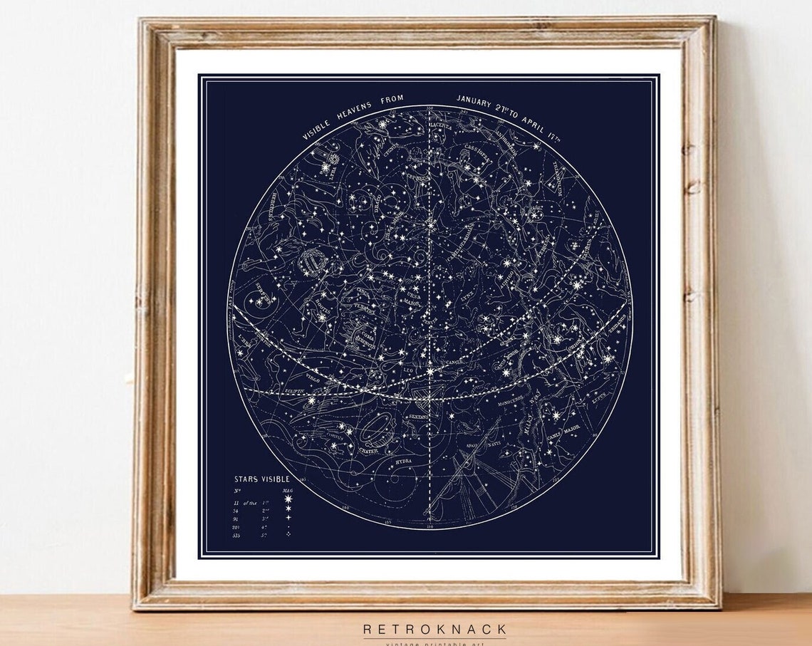 Visible Heavens Winter Spring Antique Navy Star Chart Celestial Poster