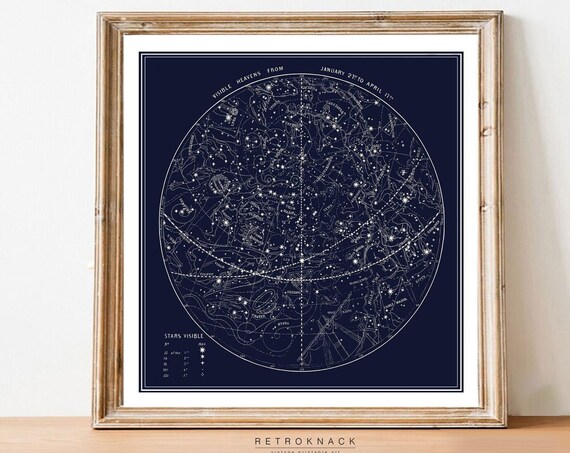 Visible Heavens Winter Spring Antique Navy Star Chart Celestial Poster