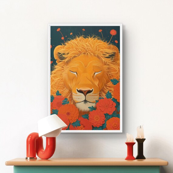 Sleeping Lion Face Surrounded by Red Flowers on Teal Background Art Print