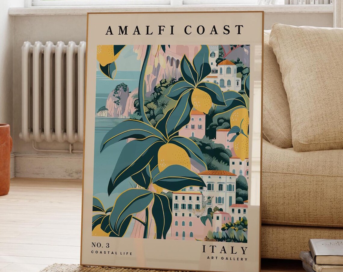Amalfi Coast Illustration Travel Poster, Mediterranean