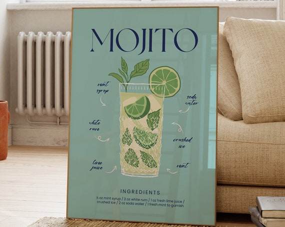 Classic Mojito Cocktail Recipe Poster Mint Bar Kitchen Decor