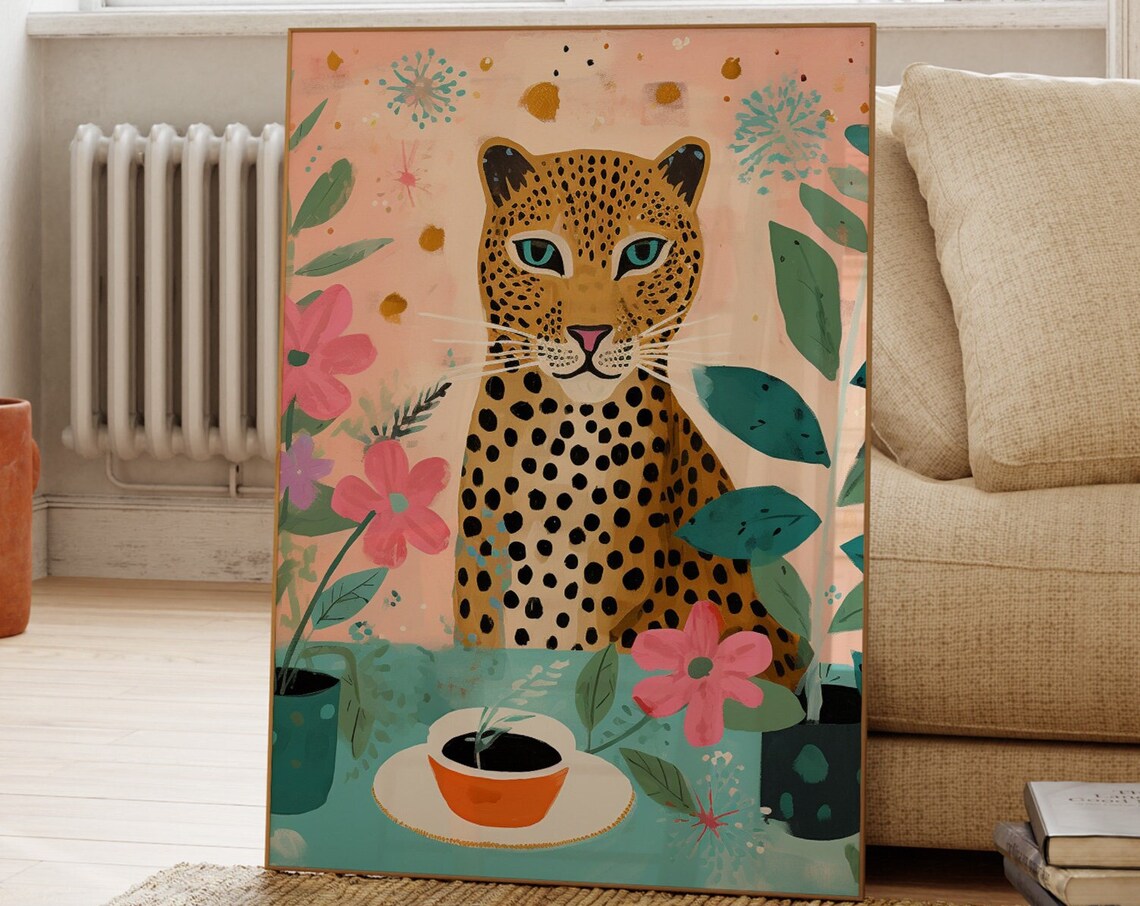 Leopard and Coffee Colorful Botanical Floral Wall Art for Animal Lovers