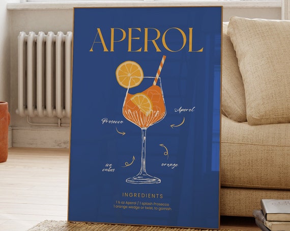 Aperol Spritz Cocktail Recipe Poster Navy Blue Bar Wall Decor
