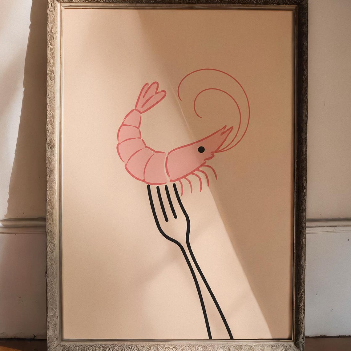 Minimalist Shrimp Poster Pink Prawn On Fork Coastal Kitchen Decor