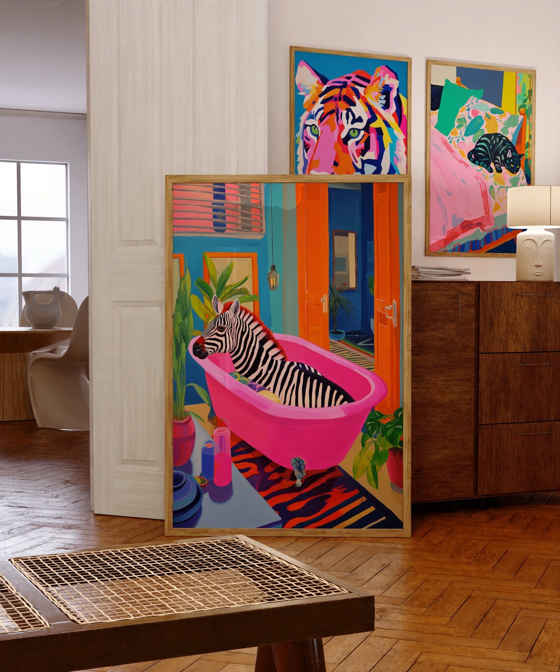 Zebra In A Bath, Maximalist Bathroom Art Print