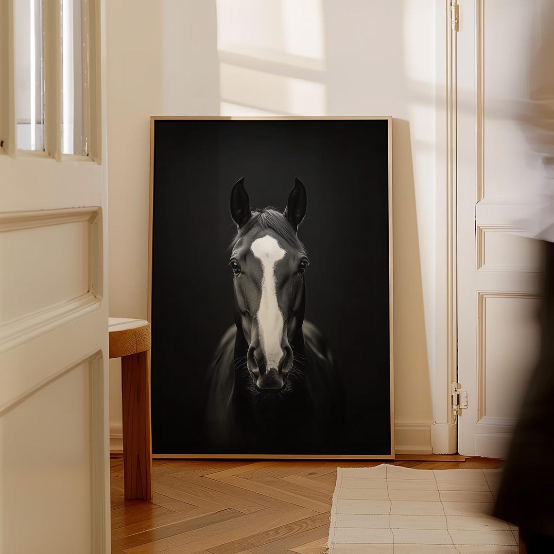 Majestic Black Stallion with White Blaze Dramatic Dark Portrait Poster