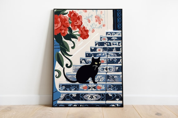 Black Cat On Blue Azulejo Tile Stairs Red Flowers Art Poster